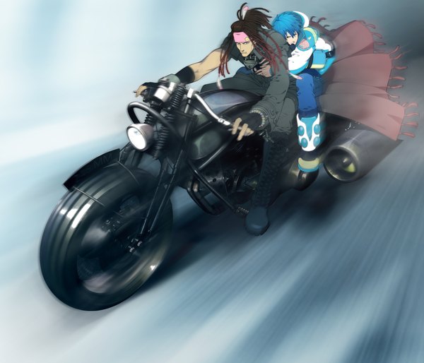 Anime picture 3808x3264 with dramatical murder nitro+chiral aoba (dmmd) mink (dmmd) honya lala long hair highres black hair blue hair absurdres multiple boys boy gloves jacket boots bracelet hairband fingerless gloves 2 boys motorcycle