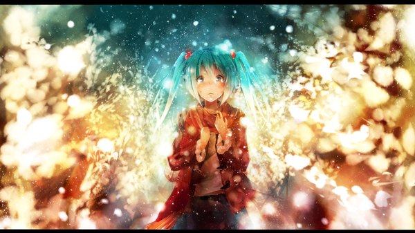 Anime picture 1920x1080 with vocaloid hatsune miku dennryuurai single long hair looking at viewer blush highres wide image twintails aqua eyes aqua hair snowing winter girl jacket scarf
