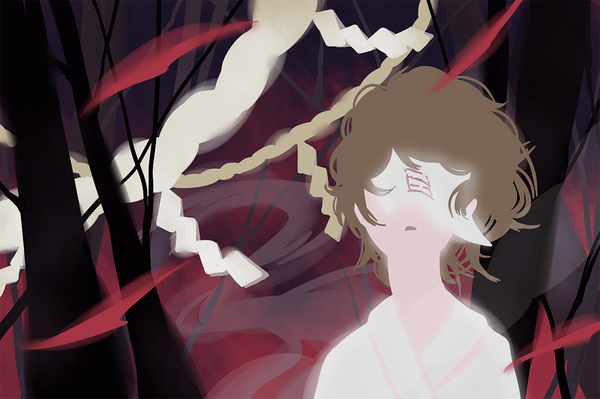 Anime picture 1000x666 with shin sekai yori a-1 pictures itou mamoru shinkami single short hair brown hair traditional clothes wind night wavy hair silhouette blindfold fog boy ribbon (ribbons) tree (trees) forest rope