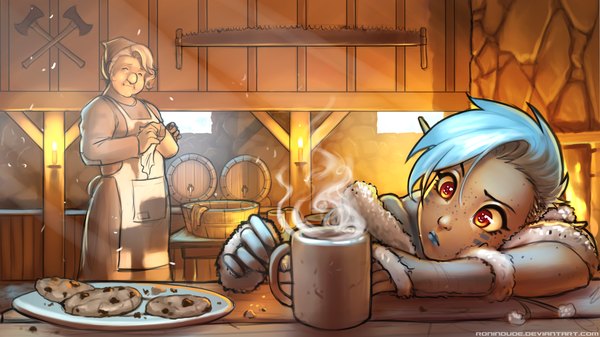 Anime picture 1920x1080 with ronin dude (ray cornwell) highres short hair wide image multiple girls blue hair indoors pointy ears grey hair orange eyes freckles girl 2 girls cup teacup plate cookie (cookies)