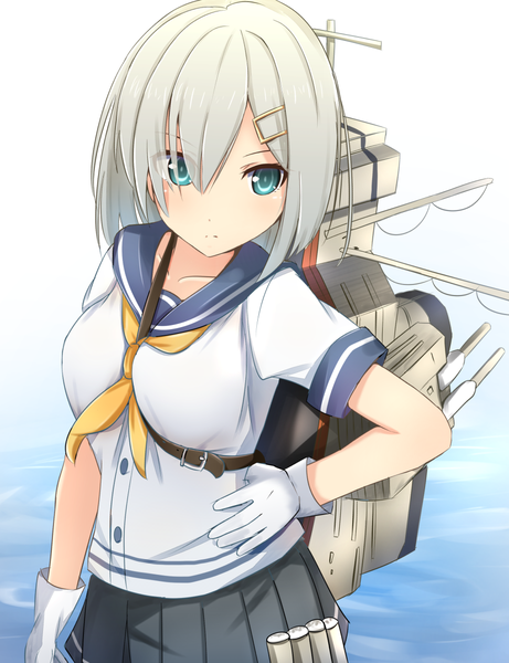 Anime picture 923x1200 with kantai collection hamakaze destroyer cuon (kuon) single tall image blush short hair looking away silver hair aqua eyes girl skirt gloves hair ornament weapon miniskirt water white gloves gun sailor suit
