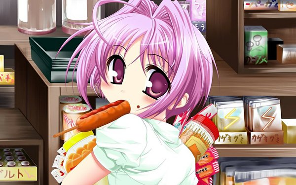 Anime picture 1024x640 with doinaka channel 5 sasano kimiko short hair wide image pink hair game cg pink eyes loli girl food
