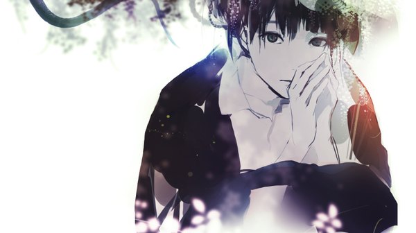 Anime picture 1750x980 with original shino shitsu single looking at viewer highres short hair black hair wide image black eyes boy plant (plants)
