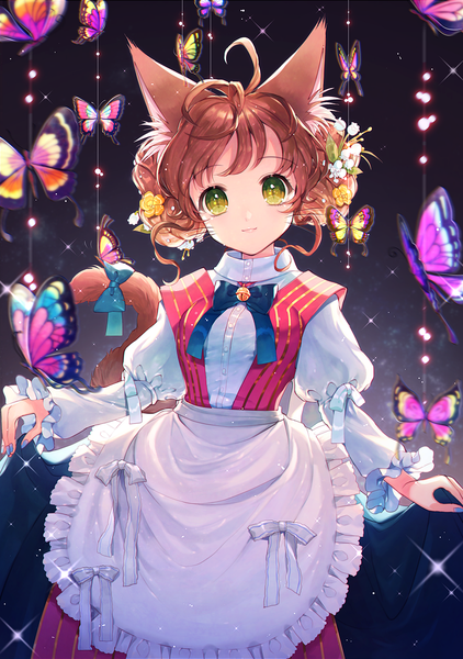 Anime picture 870x1236 with original momoshiki tsubaki single tall image looking at viewer fringe short hair brown hair standing holding green eyes animal ears ahoge tail long sleeves animal tail hair flower light smile blurry cat ears