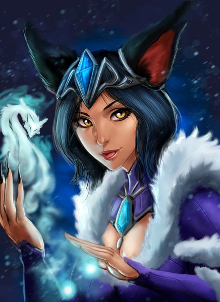 Anime picture 840x1155 with league of legends ahri (league of legends) carlos eduardo single tall image short hair animal ears yellow eyes blue hair fox girl girl winter clothes