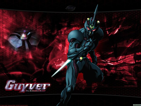 Anime picture 1600x1200 with guyver guyver i single looking at viewer red eyes standing horn (horns) red background armor fist blade
