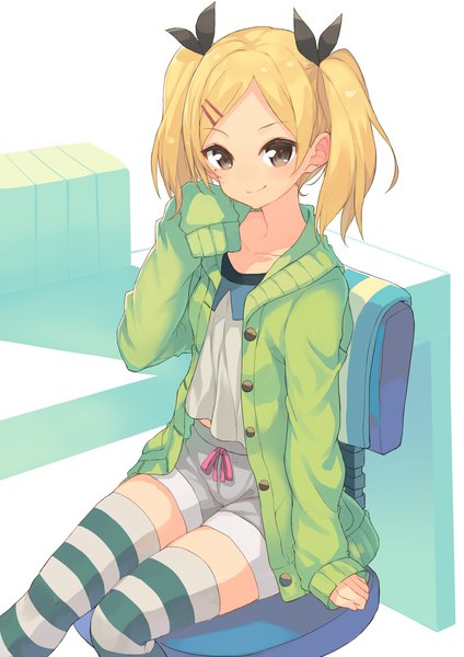 Anime picture 1200x1697 with shirobako p.a. works yano erika hajime kaname single tall image looking at viewer short hair blonde hair smile sitting twintails brown eyes bent knee (knees) long sleeves girl thighhighs hair ornament shorts book (books)