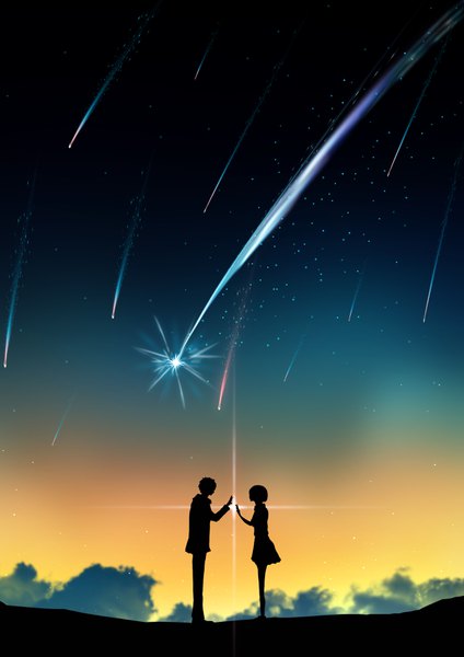 Anime picture 2480x3508 with kimi no na wa miyamizu mitsuha tachibana taki harada miyuki tall image highres short hair standing sky cloud (clouds) arm up night glowing shooting star girl boy star (stars)