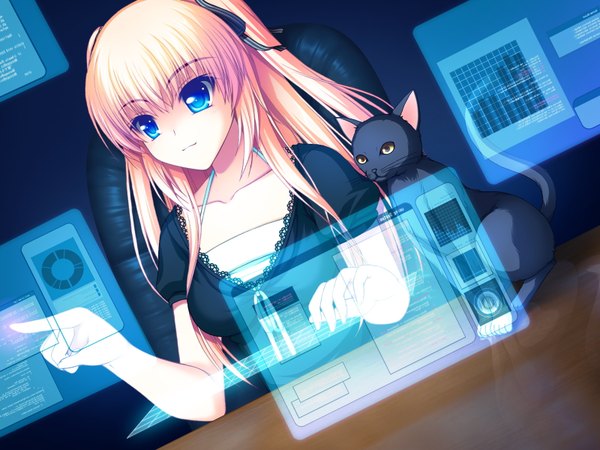 Anime picture 1600x1200 with fake azure arcology rain t miraa asami asami long hair blue eyes blonde hair game cg girl cat