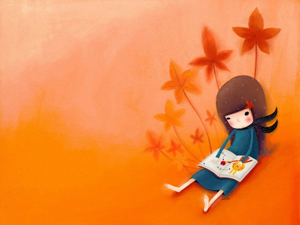 Anime picture 1024x768 with echi (artist) brown hair orange background girl book (books) leaf (leaves)