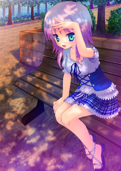 Anime picture 868x1228 with original nazu-na tall image looking at viewer blush short hair open mouth blue eyes pink hair teeth fang (fangs) girl dress plant (plants) tree (trees) sandals bench