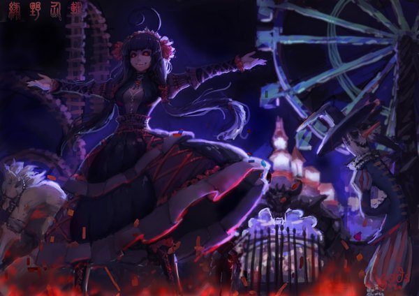 Anime picture 3507x2480 with the wizard of oz gods long hair fringe highres red eyes standing twintails absurdres purple hair ahoge horn (horns) night teeth fang (fangs) night sky spread arms lacing lolita fashion sharp teeth