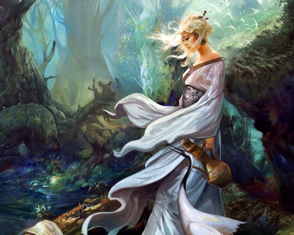 Anime picture 1280x1024 with chen wei (artist) blonde hair japanese clothes fantasy plant (plants) earrings animal tree (trees) water kimono bird (birds) forest pitcher