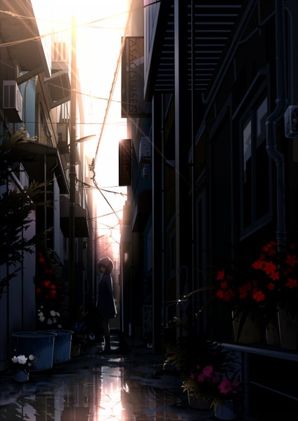 Anime picture 1240x1753 with original mogumo single tall image short hair standing brown eyes alley girl flower (flowers) plant (plants) water socks hood building (buildings) cloak wire (wires) puddle