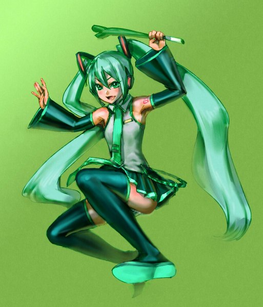 Anime picture 1027x1200 with vocaloid hatsune miku bow (bhp) single long hair tall image blush open mouth simple background twintails bare shoulders green eyes aqua hair green background girl detached sleeves thigh boots leek