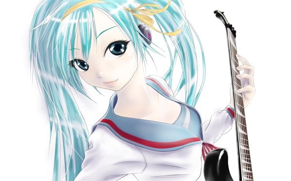 Anime picture 2880x1800 with suzumiya haruhi no yuutsu vocaloid kyoto animation hatsune miku single long hair highres smile wide image white background twintails aqua eyes aqua hair girl guitar