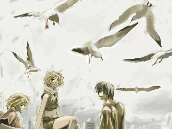 Anime picture 1892x1419 with vocaloid kagamine rin kagamine len kaito (vocaloid) ura hanabi highres short hair open mouth blonde hair sitting bare shoulders green eyes blue hair profile looking back wind from behind black eyes midriff girl