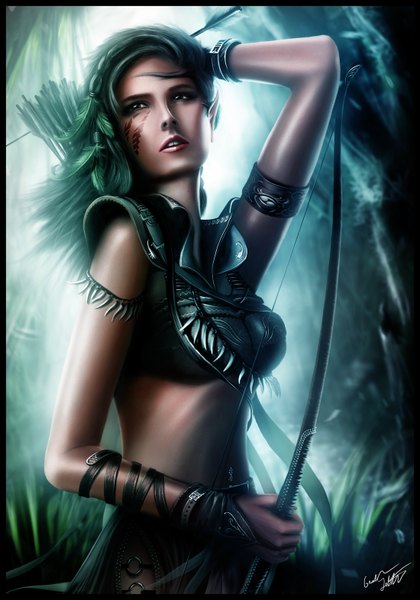 Anime picture 1100x1572 with original gerald jelitto single long hair tall image green eyes green hair lips pointy ears realistic tattoo light girl plant (plants) tree (trees) bow (weapon) arrow (arrows)