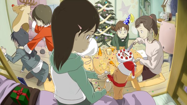 Anime picture 1280x720 with dennou coil madhouse okonogi yuuko hashimoto fumie densuke mojo wide image christmas