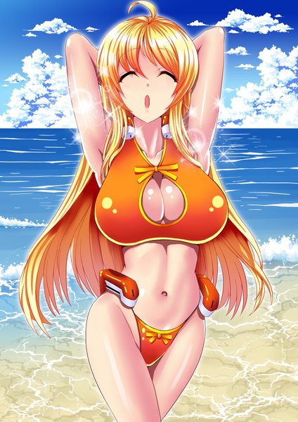 Anime picture 2480x3507 with kyoukai senjou no horizon mizutsuki rei long hair tall image highres breasts open mouth light erotic blonde hair cloud (clouds) eyes closed midriff beach huge breasts girl navel