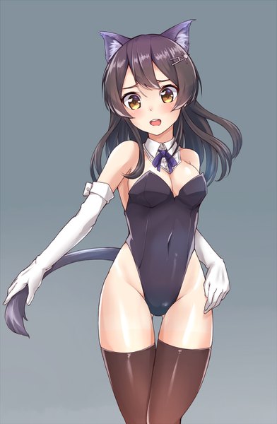 Anime picture 900x1378 with kantai collection oyashio (kantai collection) kanabun single long hair tall image blush open mouth light erotic simple background brown hair animal ears yellow eyes looking away cleavage tail animal tail cat ears grey background cat girl