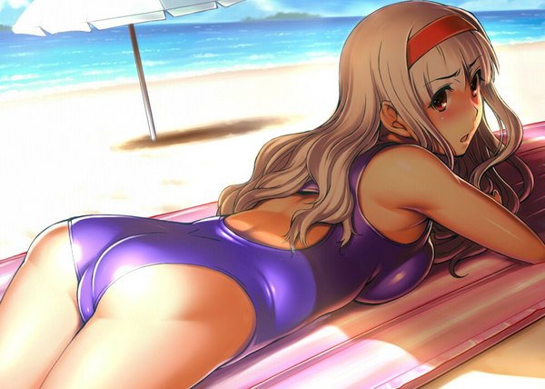Anime picture 1000x714 with idolmaster shijou takane seki suzume single long hair blush breasts light erotic red eyes ass lying grey hair beach on stomach girl swimsuit hairband sea one-piece swimsuit parasol