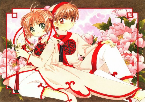 Anime picture 2000x1409 with card captor sakura clamp kinomoto sakura li xiaolang highres short hair red eyes brown hair sitting holding green eyes traditional clothes looking back scan official art cherry blossoms chinese clothes framed transparent girl