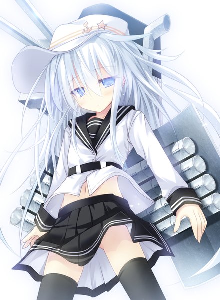 Anime picture 800x1090 with kantai collection hibiki destroyer verniy destroyer ai takurou single long hair tall image looking at viewer blue eyes white background white hair hammer and sickle girl thighhighs weapon black thighhighs star (symbol) sailor suit flat cap