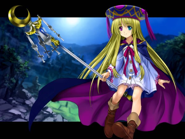 Anime picture 1280x960 with original mutsuki (moonknives) long hair blush blue eyes blonde hair smile purple eyes heterochromia crescent dress hat boots cape cross staff