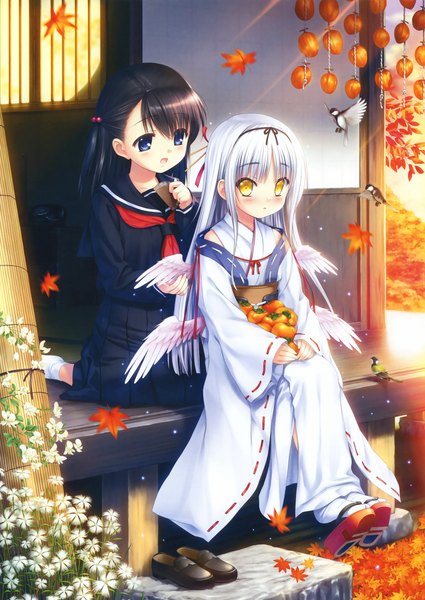 Anime picture 2336x3300 with original eshi 100-nin ten na-ga long hair tall image blush highres blue eyes black hair sitting multiple girls yellow eyes white hair traditional clothes japanese clothes scan autumn multiple wings girl uniform