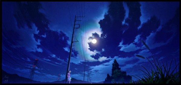 Anime picture 1200x562 with original mocha (cotton) single short hair black hair wide image holding signed looking away sky cloud (clouds) evening letterboxed girl skirt plant (plants) shirt pantyhose tree (trees) moon