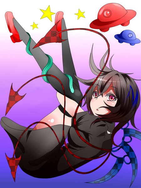Anime picture 1200x1600 with touhou houjuu nue hybrid (artist) single tall image blush short hair black hair red eyes gradient background blue background pink background girl thighhighs dress black thighhighs wings star (symbol) spacecraft ufo