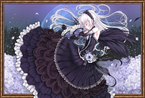 Anime picture 1683x1139 with rozen maiden suigintou shiokonbu red eyes white hair framed girl dress gloves flower (flowers) detached sleeves wings black dress rose (roses)