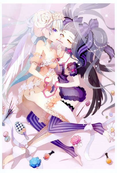 Anime picture 2386x3515 with original megami fetish - girls drawn by girls (artbook) tagme (artist) long hair tall image fringe highres open mouth black hair purple eyes twintails bare shoulders multiple girls yellow eyes cleavage silver hair nail polish hair flower mouth hold angel wings
