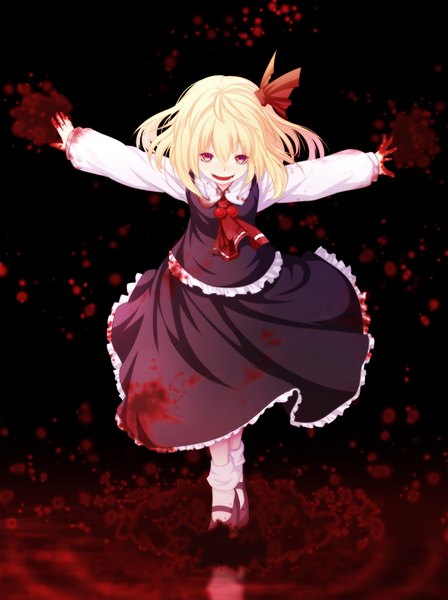 Anime picture 1240x1658 with touhou rumia kannazuki (devilcode666) single tall image looking at viewer short hair open mouth blonde hair smile purple eyes spread arms girl skirt bow hair bow blood skirt set