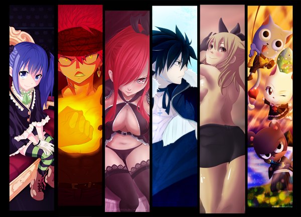 Anime picture 4000x2884 with fairy tail lucy heartfilia erza scarlet natsu dragneel gray fullbuster wendy marvell happy (fairy tail) charle (fairy tail) panther lily ric9duran robcv wendytsq eltk kayodedhoko long hair blush fringe highres short hair open mouth