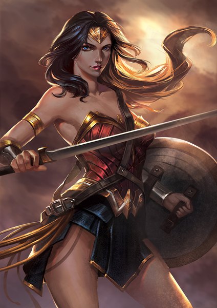 Anime picture 800x1132 with dc comics wonder woman x.four single long hair tall image looking at viewer blue eyes light erotic black hair standing bare shoulders holding wind sunlight lipstick red lipstick makeup superhero girl