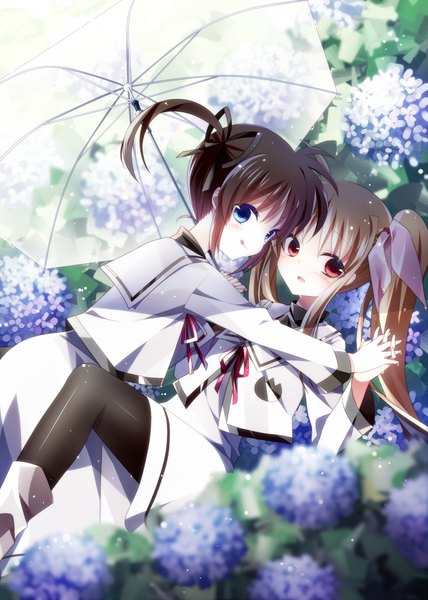 Anime picture 1061x1488 with mahou shoujo lyrical nanoha fate testarossa takamachi nanoha nishina (alive001) long hair tall image blue eyes black hair blonde hair red eyes twintails multiple girls transparent umbrella shared umbrella girl flower (flowers) ribbon (ribbons) 2 girls hair ribbon serafuku