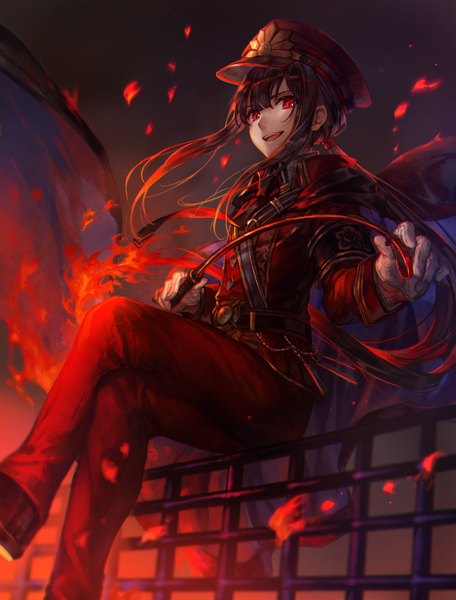 Anime picture 800x1052 with fate (series) fate/grand order oda nobukatsu (fate) shigaraki (strobe blue) single tall image looking at viewer fringe black hair red eyes sitting payot blunt bangs from below looking down low ponytail boy uniform cape military uniform