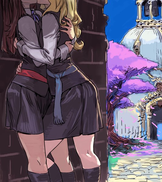 Anime picture 2120x2386 with little witch academia studio trigger kagari atsuko diana cavendish archvermin long hair tall image highres blonde hair brown hair multiple girls long sleeves pleated skirt hug cherry blossoms shoujo ai head out of frame kiss between legs against wall