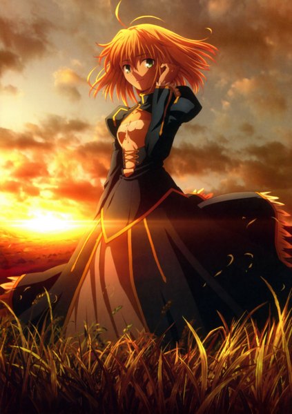 Anime picture 3831x5434 with fate (series) fate/zero type-moon artoria pendragon (all) saber single tall image looking at viewer highres short hair blonde hair smile green eyes absurdres sky cloud (clouds) ahoge long sleeves sunlight official art