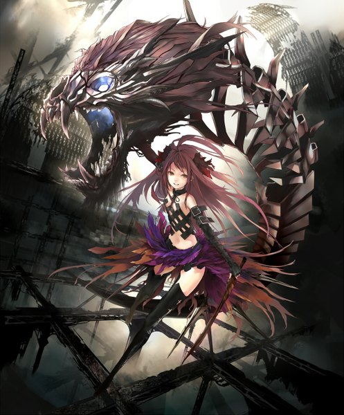 Anime picture 1145x1383 with lord of vermilion cybele nil (artist) single long hair tall image open mouth bare shoulders brown eyes absurdres red hair scan girl gloves navel hair ornament weapon sword elbow gloves thigh boots