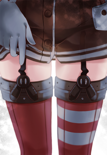 Anime picture 620x898 with kantai collection amatsukaze destroyer yumekii single tall image light erotic legs striped head out of frame dress lift girl thighhighs dress gloves white gloves garter straps buttons