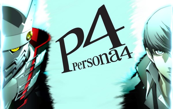 Anime picture 1900x1200 with persona 4 persona narukami yuu izanagi looking at viewer highres short hair simple background copyright name aqua background boy