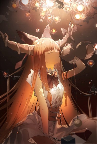 Anime picture 1000x1491 with touhou ibuki suika no-kan single long hair tall image fringe sitting blunt bangs eyes closed horn (horns) orange hair drinking girl bow hair bow cube gourd physalis