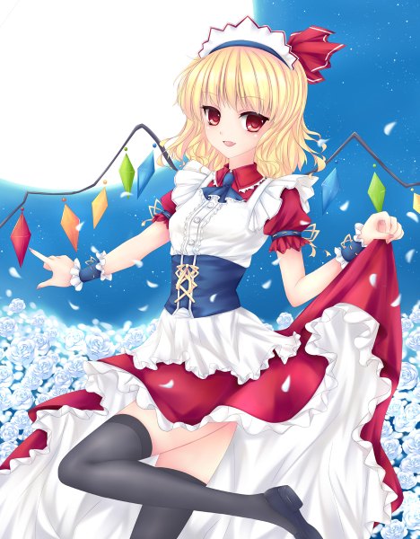 Anime picture 936x1200 with touhou flandre scarlet fred0092 single tall image looking at viewer short hair open mouth blonde hair red eyes girl thighhighs dress flower (flowers) black thighhighs petals headdress rose (roses) crystal white rose
