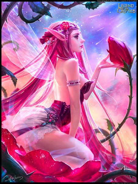 Anime picture 1000x1327 with legend of the cryptids yu-han single tall image red eyes pink hair very long hair profile hair flower lips pointy ears lipstick pink lipstick insect wings girl hair ornament flower (flowers) wings