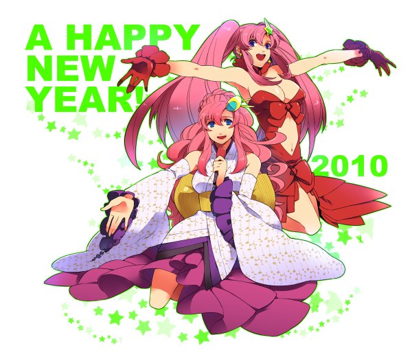 Anime picture 1200x1052 with mobile suit gundam gundam seed destiny sunrise (studio) lacus clyne meer campbell eterno long hair breasts blue eyes light erotic large breasts white background sitting purple eyes multiple girls pink hair cleavage inscription new year happy new year