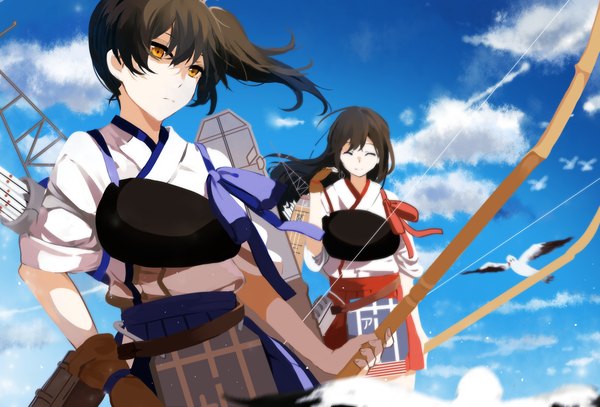 Anime picture 1653x1122 with kantai collection kaga aircraft carrier akagi aircraft carrier zgxuke long hair looking at viewer brown hair multiple girls brown eyes sky cloud (clouds) eyes closed traditional clothes japanese clothes pleated skirt wind side ponytail girl skirt weapon