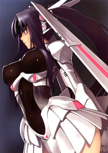 Anime picture 3296x4667 with shining (series) shining hearts phantom queen ex-xecty tony taka single long hair tall image highres blue eyes black hair absurdres ponytail scan dark background girl android